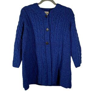 Kilronan Knitwear Womens M Blue Cable Knit Chunky Cardigan Sweater 100% Merino